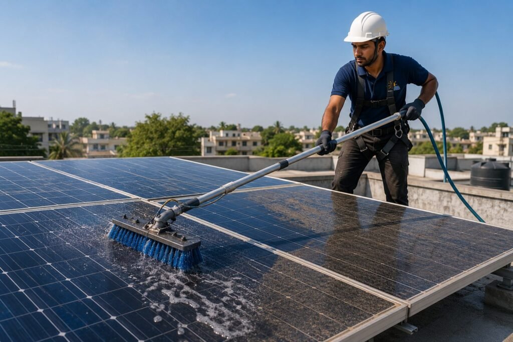 A technician washing rooftop solar panels with a soft brush and water on a flat roof