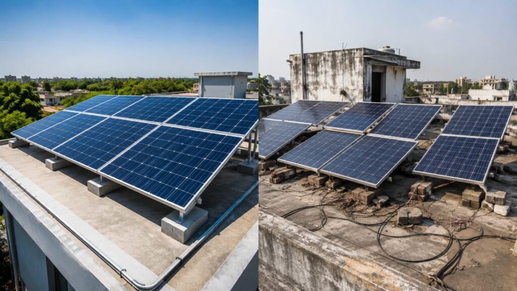 Side by side comparison of a properly mounted rooftop solar array and a poor installation propped on bricks with loose cables