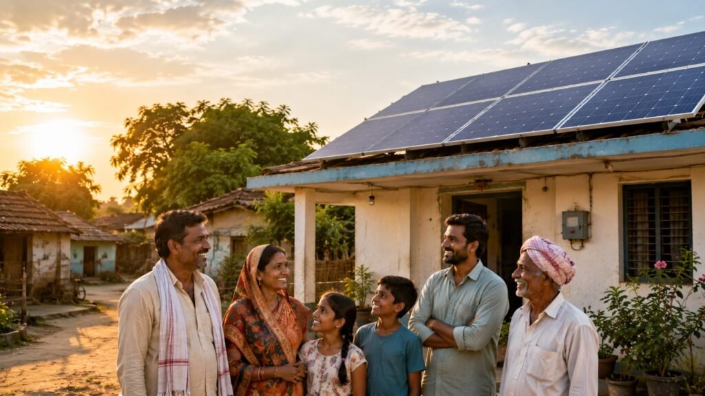 A family standing outside their village home fitted with rooftop solar panels