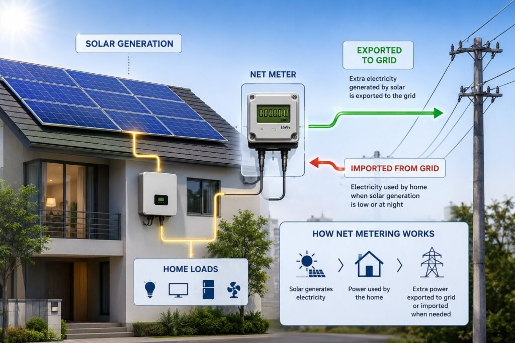 Diagram showing solar generation feeding home loads, with surplus exported to the grid through the net meter and electricity imported at night