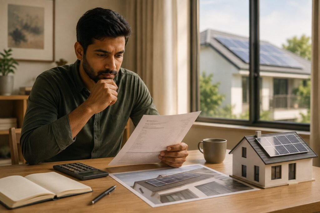 A homeowner reading an electricity bill at a table with a calculator and a model house