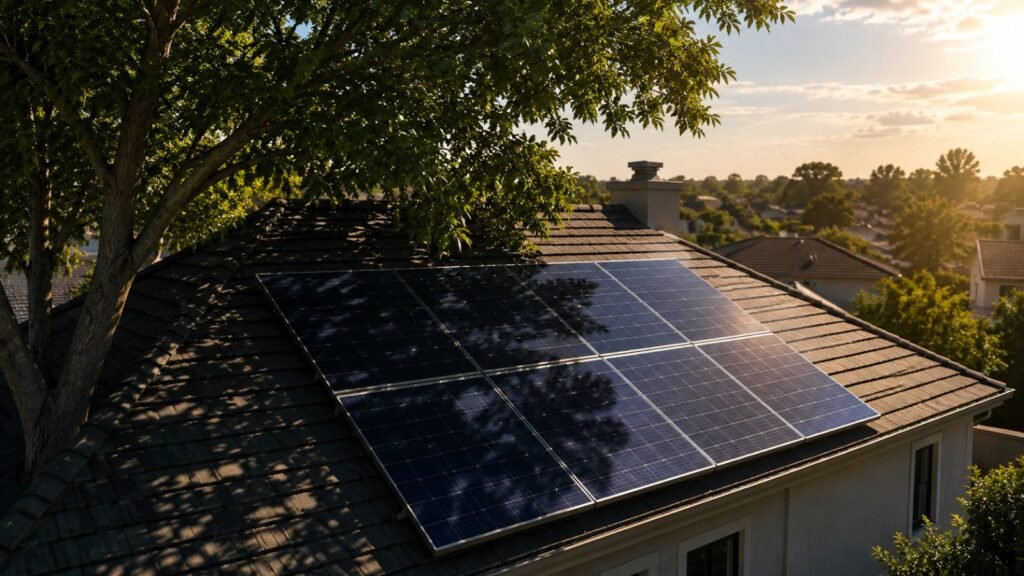Tree shadow falling across solar panels on a house roof