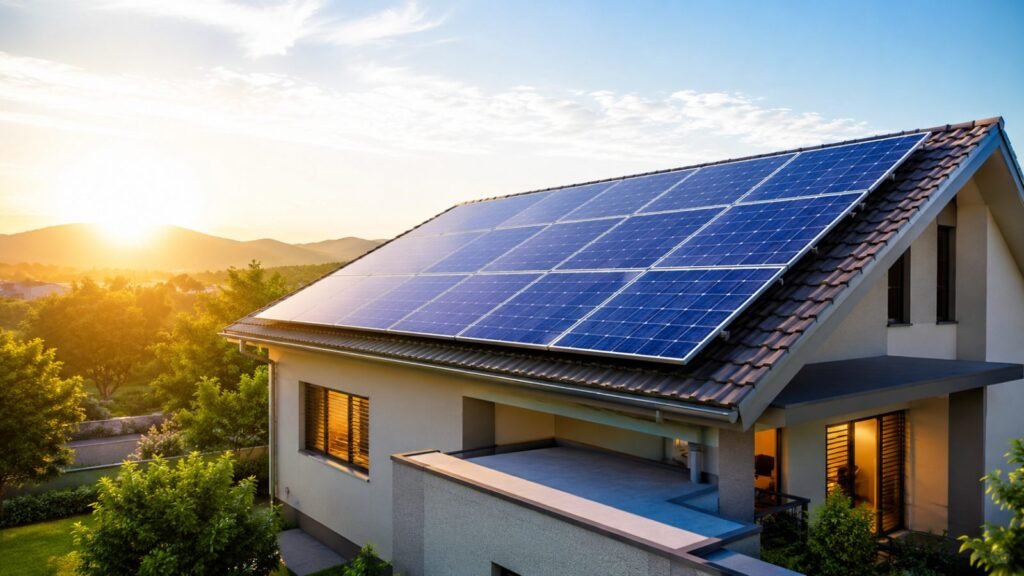 Rooftop solar panels on a house roof at sunset