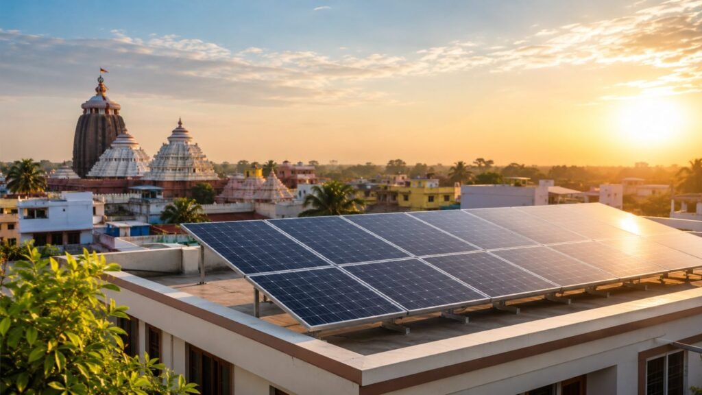 Rooftop solar panels on a flat roof overlooking an Odisha temple town at sunset