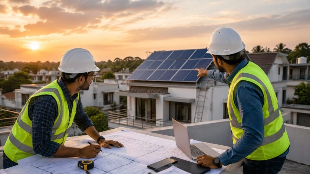 Two engineers with drawings and a laptop surveying a rooftop solar installation