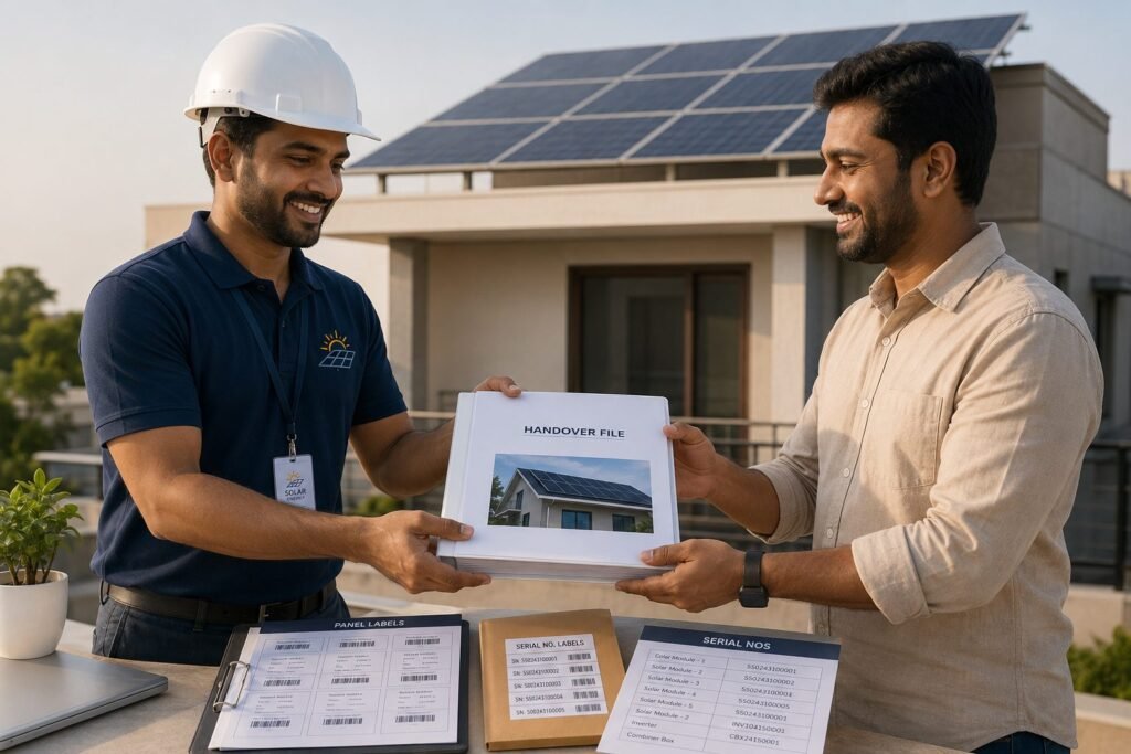 An installer handing a handover file with panel labels and module serial numbers to a homeowner