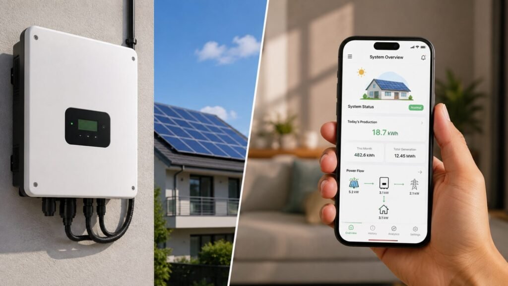 A wall-mounted solar inverter and a phone showing the system monitoring app