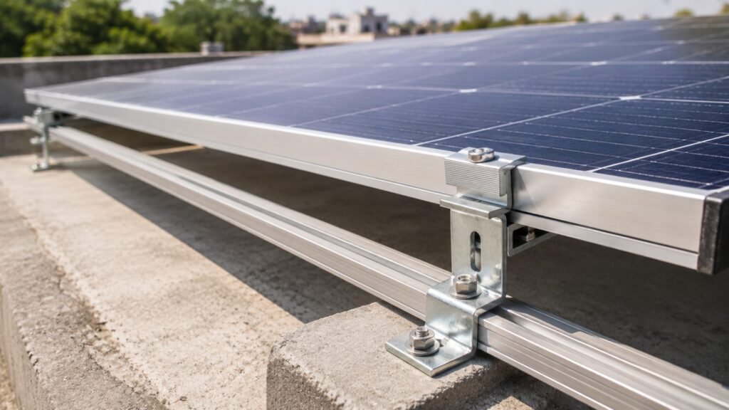 Close-up of a galvanised module clamp and rail bolted to a concrete footing on a rooftop solar array